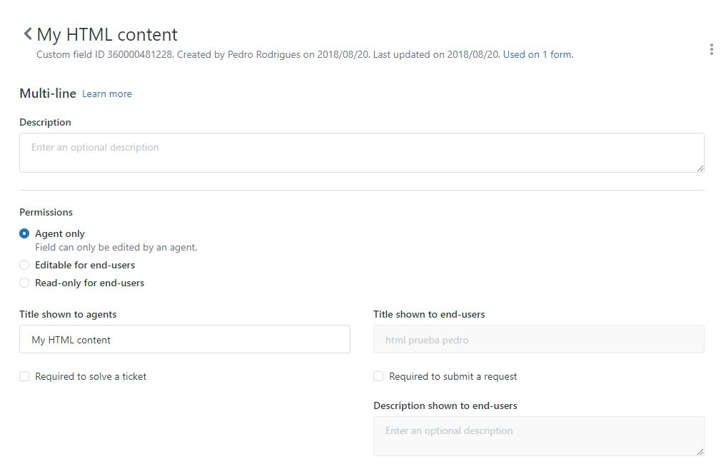 Zendesk custom text field for HTML content