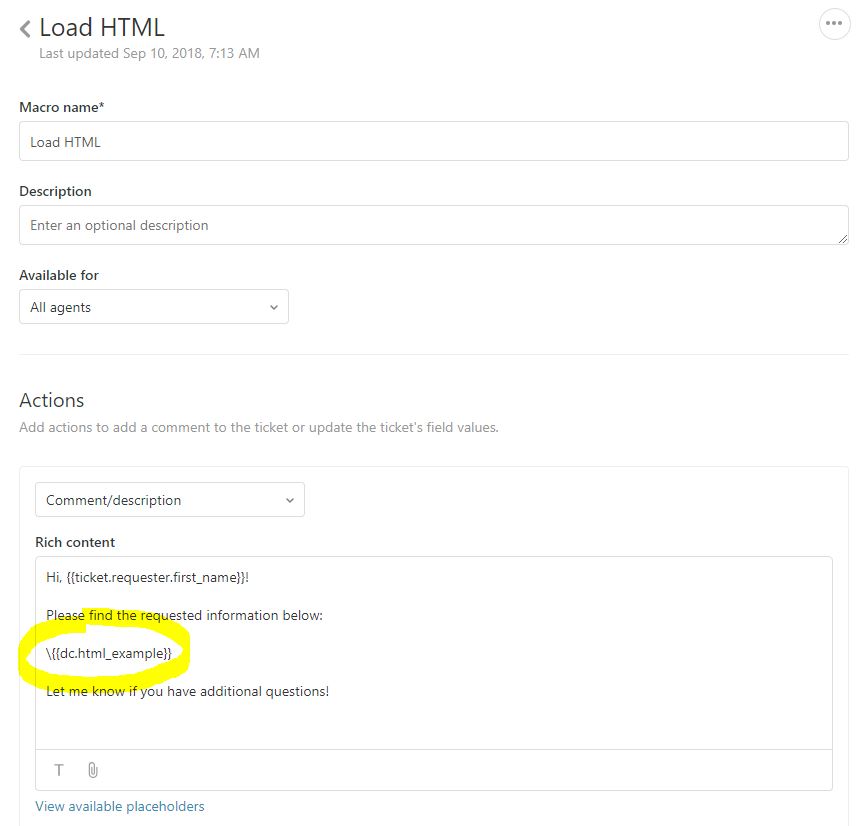 Zendesk macro with dynamic content HTML placeholder